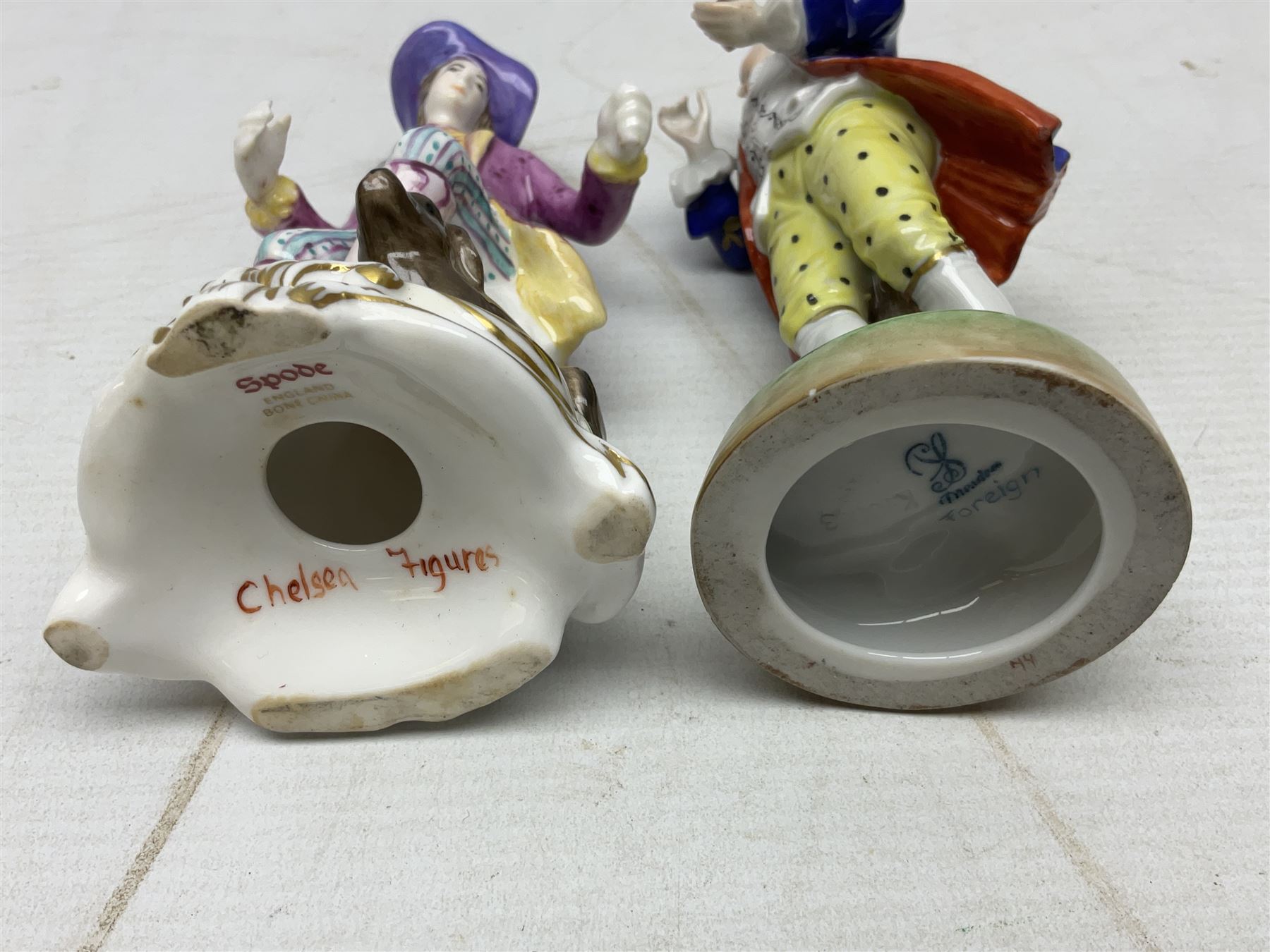 Seven Spode Chelsea figures, comprising no.1, no.2, no.3, no.4, no.6 and two further smaller examples, together with a Dresden figure of a gentleman, no. K10003, and a Delft style figure of a boy, some with boxes, tallest H23cm (9)