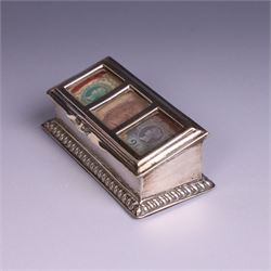 Late Victorian silver mounted stamp box, the hinged lid with three glazed panels, hallmarked Grey & Co, London 1900, together with a late Victorian silver hair comb and a cased set of six silver coffee spoons