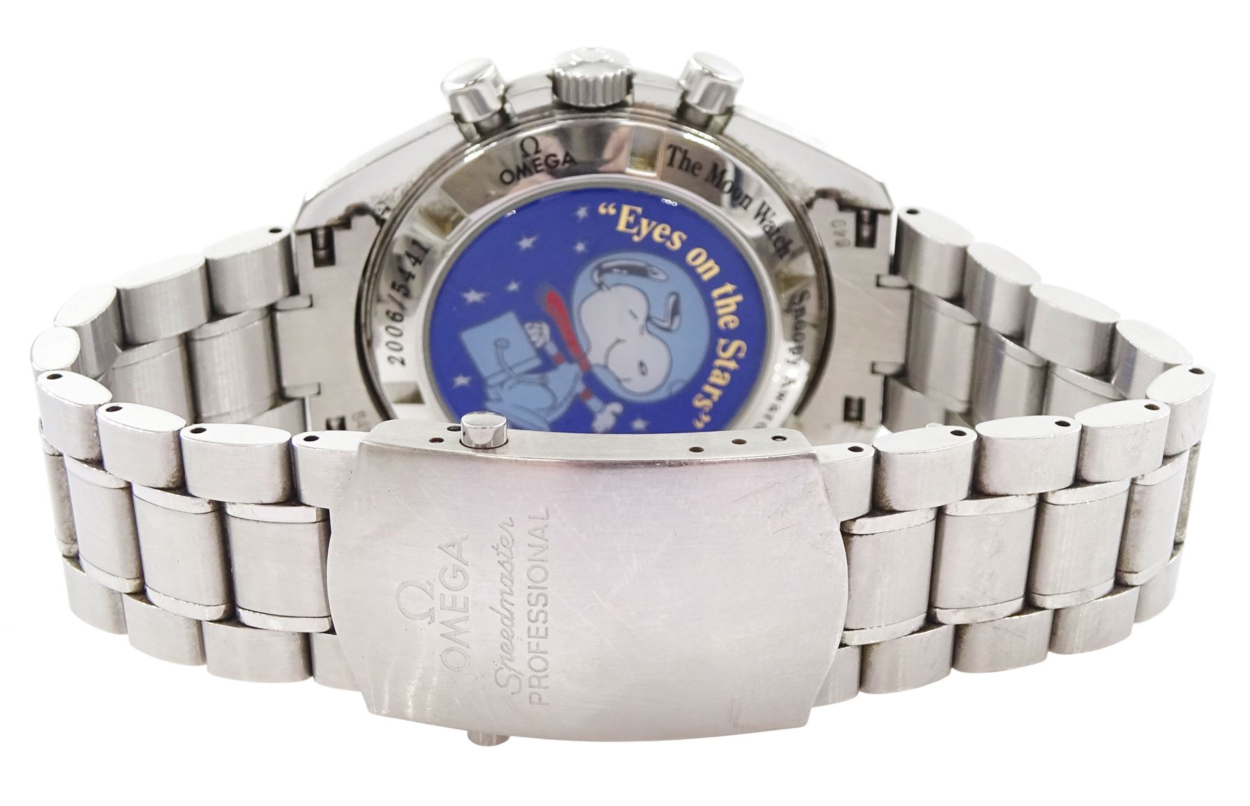 Omega Speedmaster Professional “Eyes on the Stars” Silver Snoopy Award stainless steel limited edition manual wind wristwatch, Ref. 3578.51.00, Cal. 1861, serial No. 77118140, on original stainless steel bracelet, with fold-over clasp, boxed with papers, warranty card dated 2003 and additional bracelet link