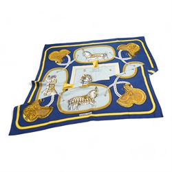 Hermes 'Grand Apparat' silk scarf in navy blue colourway, designed by Jacques Eudel, 90cm x 90cm 