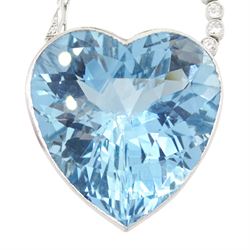 Platinum aquamarine and diamond pendant / brooch, the large faceted heart cut aquamarine, mounted within an openwork heart design gallery, suspending from a polished and milgrain set old cut diamond pendant, with bow design brooch top, set with further old cut diamonds and a single marquise cut diamond, in fitted velvet and silk lined box by Bloom & Sons, London, aquamarine approx 55.00 carat, total diamond weight approx 0.60 carat