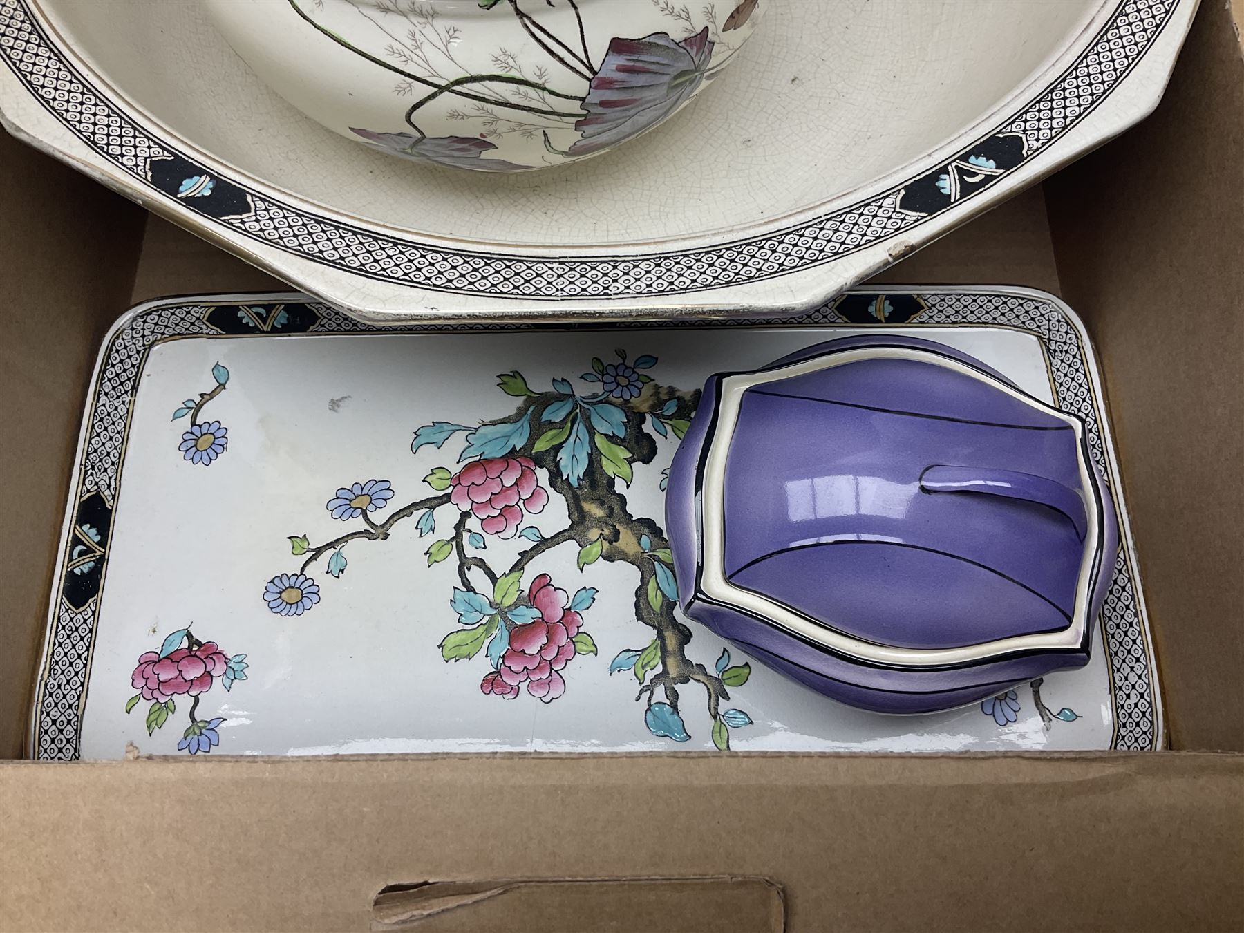 Royal Winton Art Deco style wash jug and bowl, in geometric purple design, together with two other large wash jugs with bowls and other similar ceramics, in three boxes 