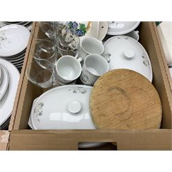 Large quantity of Porcelana Real Brasil White Blossom pattern tea and dinner wares, to include dinner plates, tea cups and saucers, salt and pepper pots, tureens, pie dishes coffee pots, place mats, spoons and glasses, etc, in five boxes 