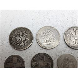 Queen Anne 1708 half crown E below bust with engraved initials to obverse, George III 1818 and 1820 crowns, George IIII 1822 crown and three Queen Victoria silver one florin coins