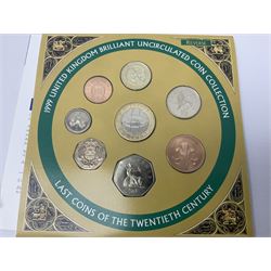 The Royal Mint United Kingdom 1995 'Second World War' silver proof two pound coin cased with certificate, three 1995 brilliant uncirculated two pound coins in card folders, brilliant uncirculated 1999 coin year set in card folder, pre-decimal coins, commemorative crowns etc