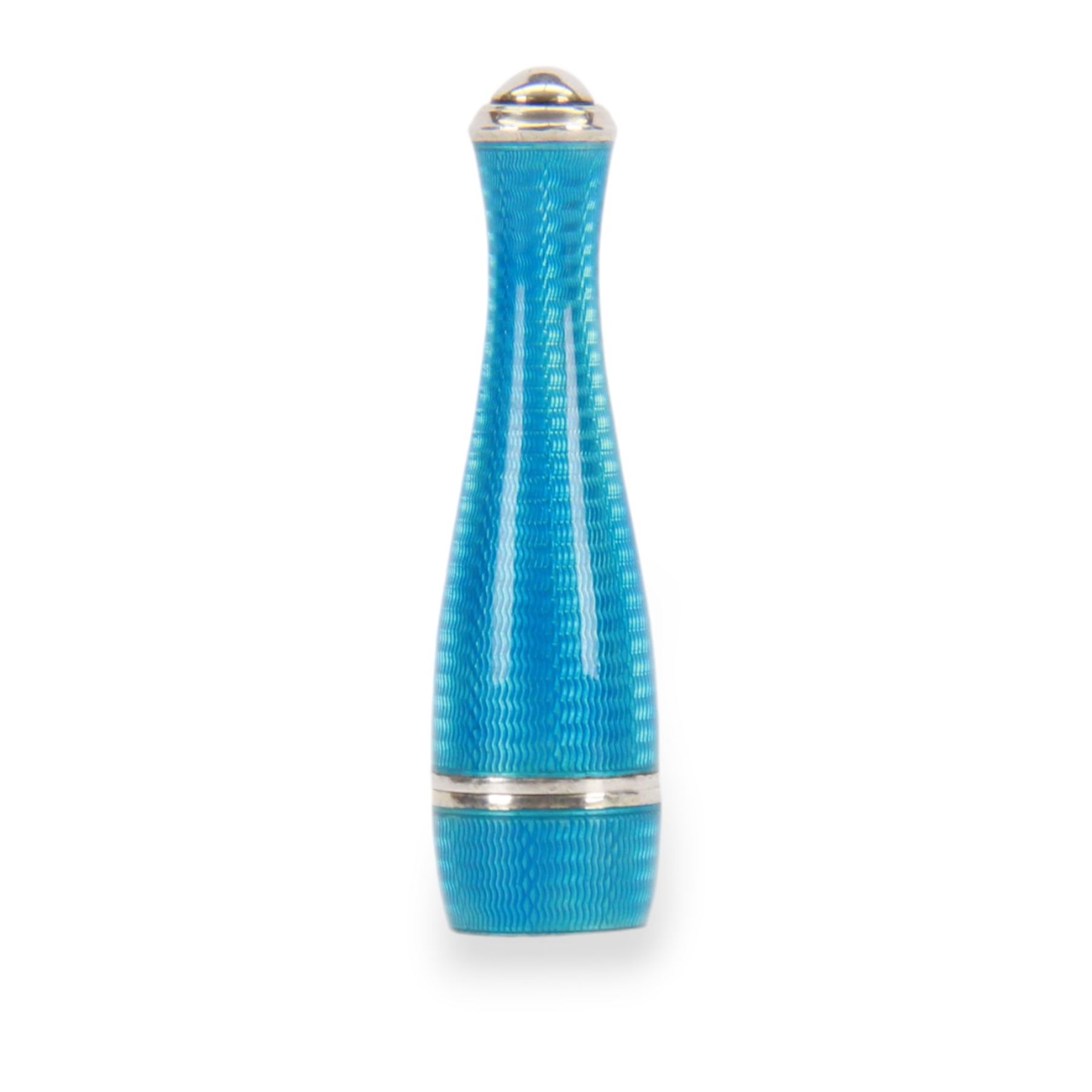 1920's Art Deco silver and enamel cheroot holder and case, the light blue engine turned enamel case of bottle form, with screw thread cover opening to reveal conforming cigarette holder, hallmarked H C Freeman Ltd, London import 1926, and also marked 925, case L6.5cm