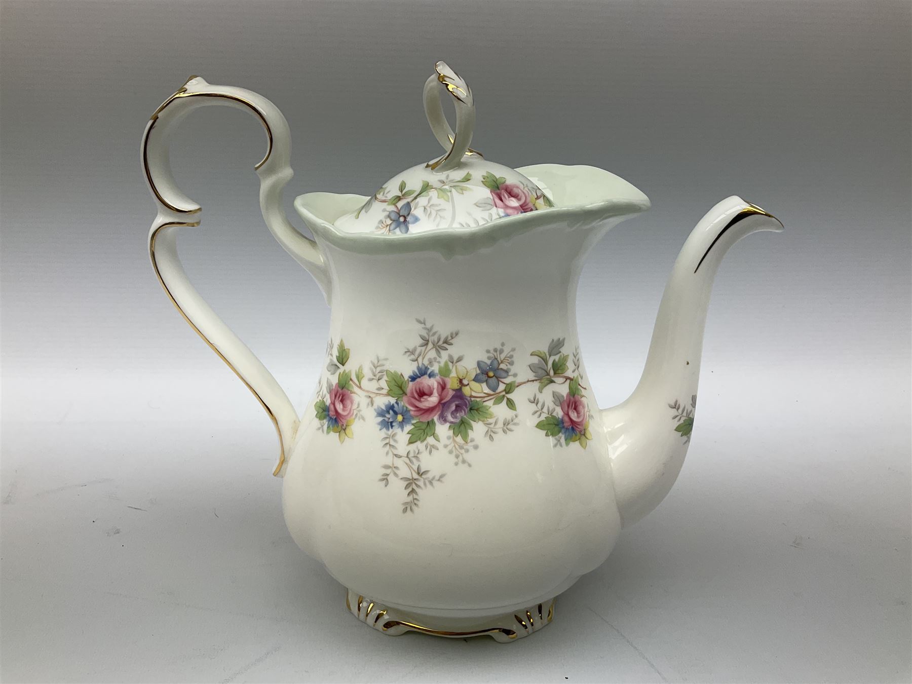 Royal Albert Colleen pattern tea ware comprising teapot, milk jug, sucrier, four cups and six saucers