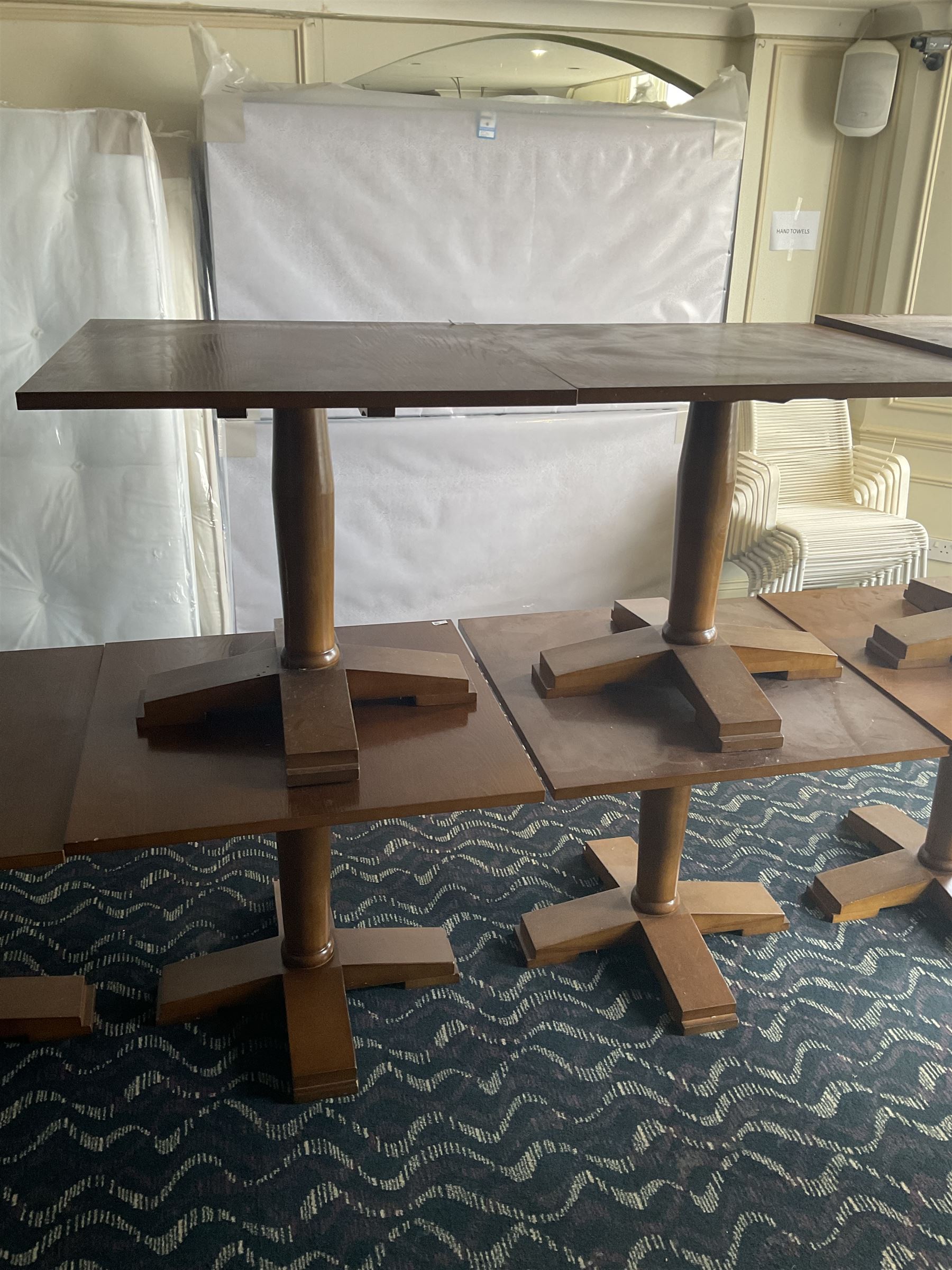 Four square walnut finish dining tables- LOT SUBJECT TO VAT ON THE HAMMER PRICE - To be collected by appointment from The Ambassador Hotel, 36-38 Esplanade, Scarborough YO11 2AY. ALL GOODS MUST BE REMOVED BY WEDNESDAY 15TH JUNE.