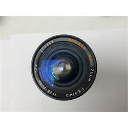 Cameras and accessories, to include Olympus OM101 Power Focus camera body, serial no 1076067, with 'Sigma AF Zoom 1:38, f=75 200mm' lens, serial no 2053714, Canon EOS 5000 camera body, serial no 1507812, with 'Canon Zoom EF 80-200mm, 1:4.5-5.6' lens, other cameras, by Miranda, Coronet and Ricoh and a collection of lenses, carry cases, etc 