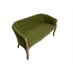 Contemporary two seat settee, upholstered in buttoned green fabric with studwork, raised on cabriole supports