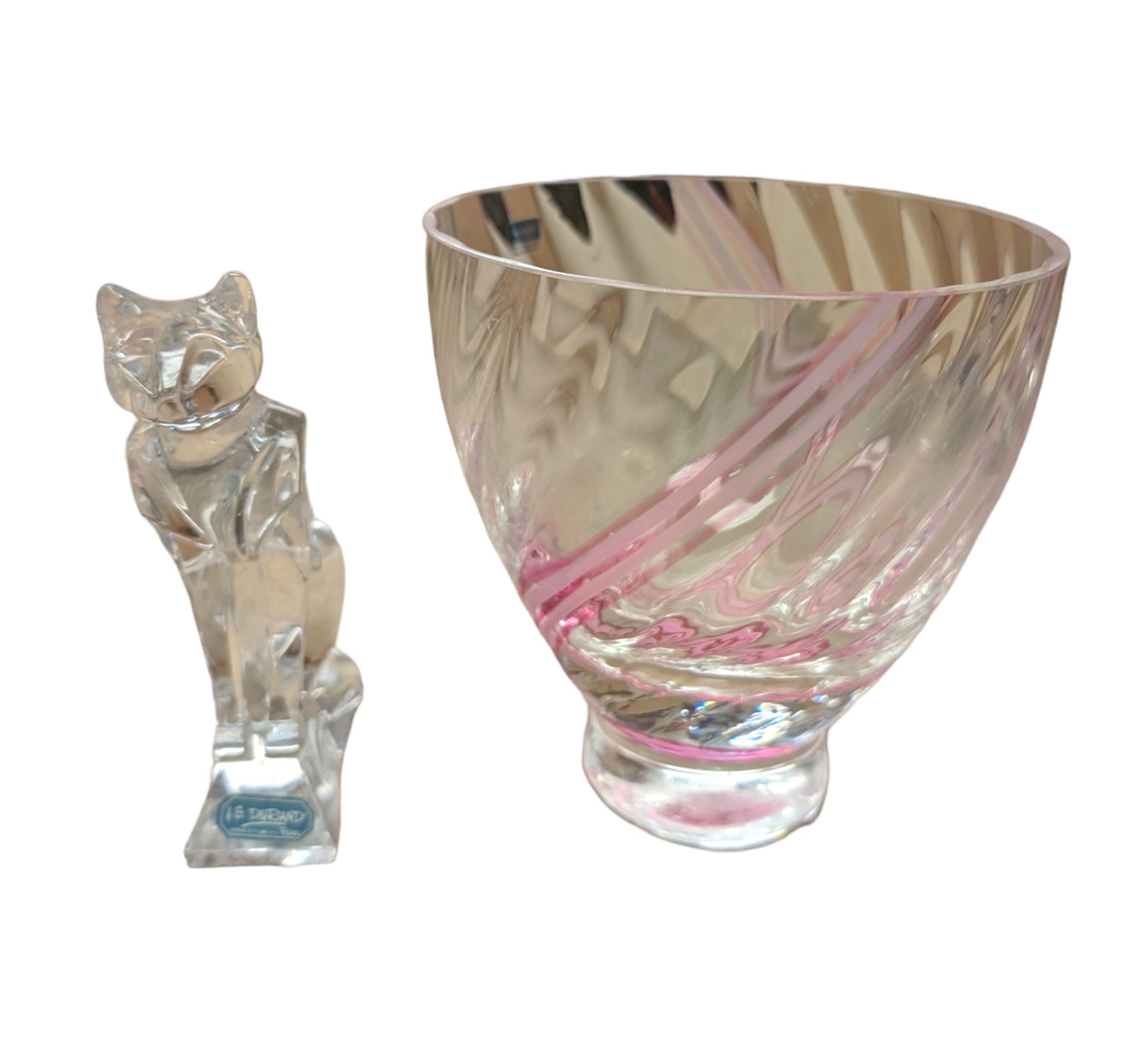 Durand glass figure of a cat and a Caithness vase with pink twist, vase H14cm