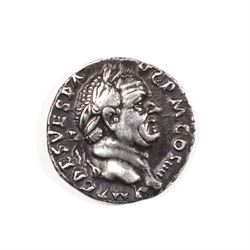 Roman Empire - Vespasian (AD 69-79): Silver Denarius coin, obverse laureate head of Vespasian right, reverse simpulum between lituus and aspergillum, AUGUR TR POT; AD 75-79, Rome mint
