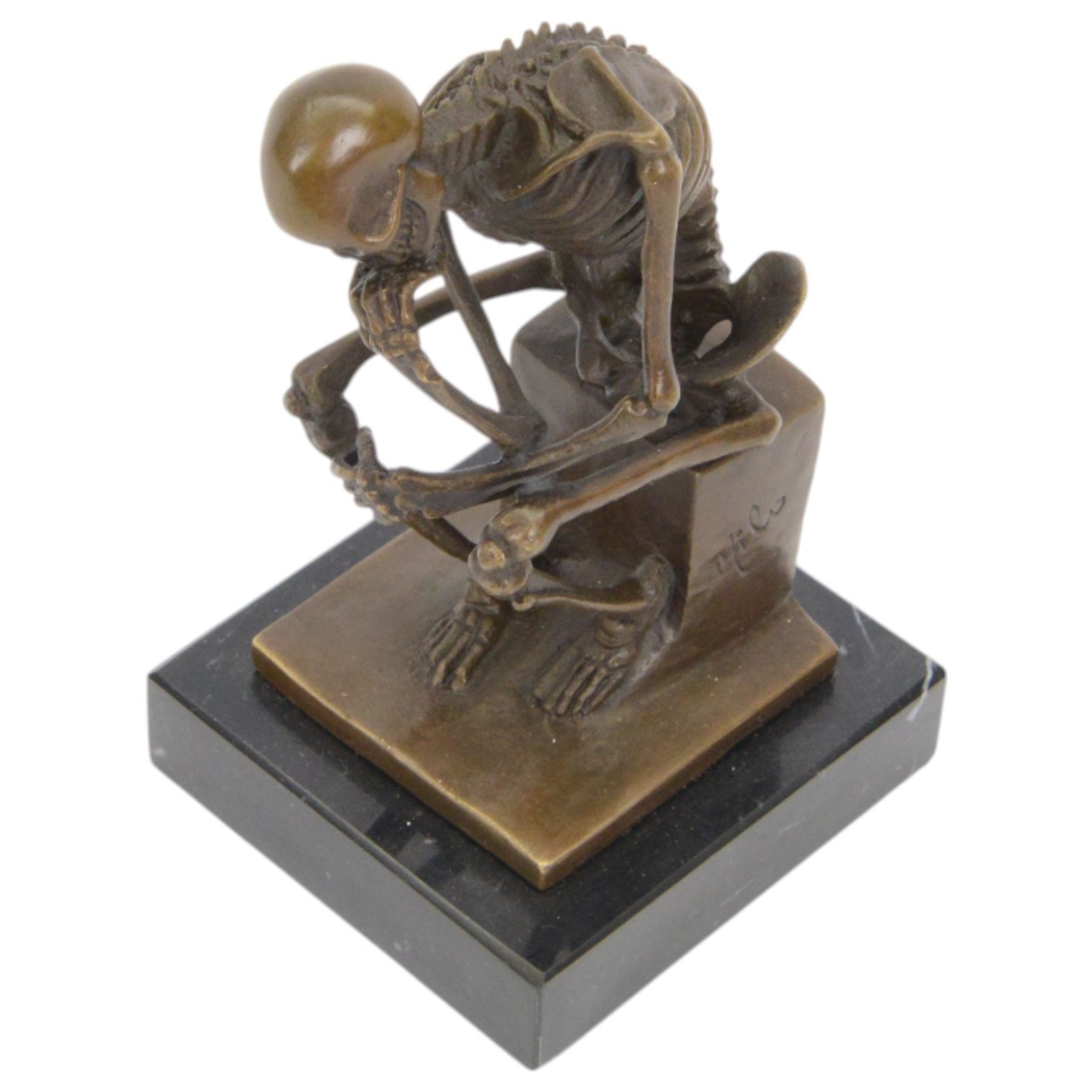 Bronze figure of skeleton modelled as The Thinker, on black marble base, signed and with foundry mark, H14cm