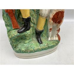 Group of Victorian and later Staffordshire style figures, to include two dogs, Prince upon horse back, horse with pink lustre patches, tall figure of a man beside his dog etc, tallest H41cm