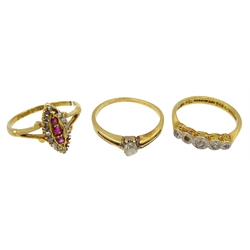 Victorian gold diamond and ruby marquise shaped ring, Chester 1897, single stone old cut diamond ring and a five stone diamond ring bezel set, all 18ct stamped or hallmarked