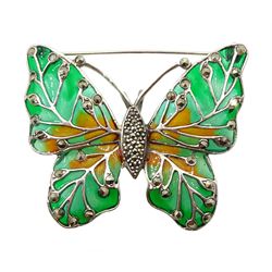 Silver plique a jour and marcasite butterfly pendant brooch, stamped 925