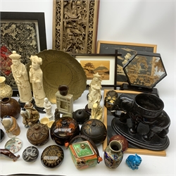 A collection of assorted Oriental wares, to include a number of carved ivorine figures, carved wooden panel, composite model of a fo dog, various lacquer and other boxes, etc. 