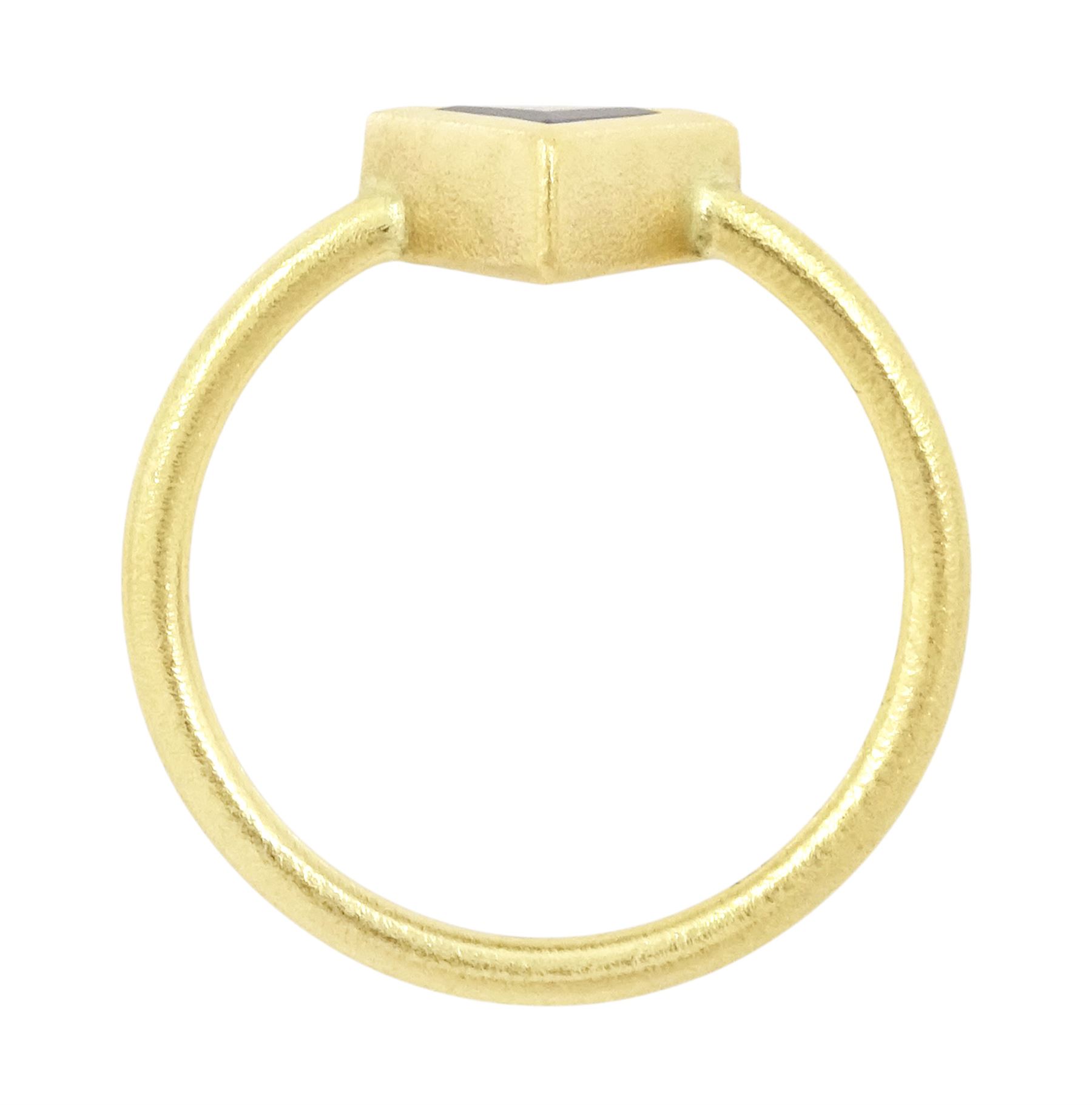 18ct gold black diamond ring, bezel set with a single trilliant cut diamond of approx 0.45 carat, stamped