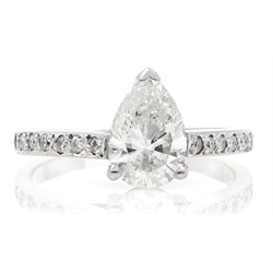  Platinum pear shaped diamond ring with diamond shoulders, pear diamond 1.1 carat, hallmarked, with certificate  