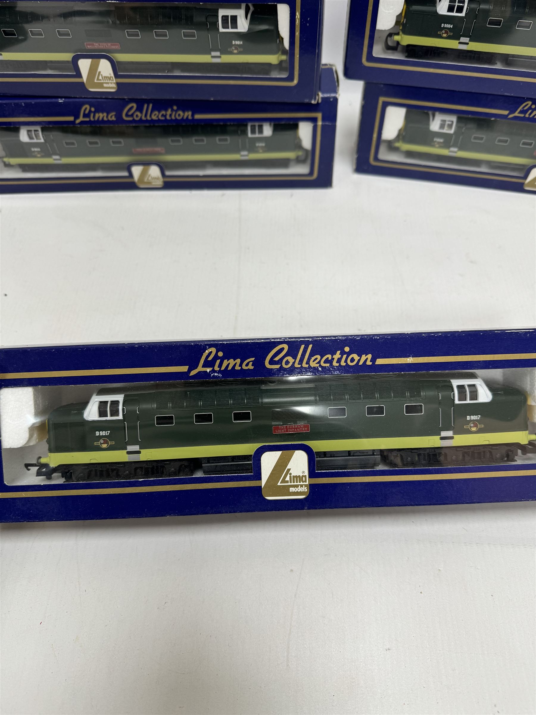 Five Lima ‘00’ gauge Class 55 Co-Co Deltic diesel locomotives, comprising four L204952 examples, including one with original name and number Crepello no. D9012 and three reworked as Argyll & Sutherland Highlander no. D9021, Royal Highlanders Fusilier no. D9019, St Paddy no. D9001 and a L204951The Prince of Wales Own Regiment of Yorkshire no. D9005, all in BR two tone green livery, all boxed 