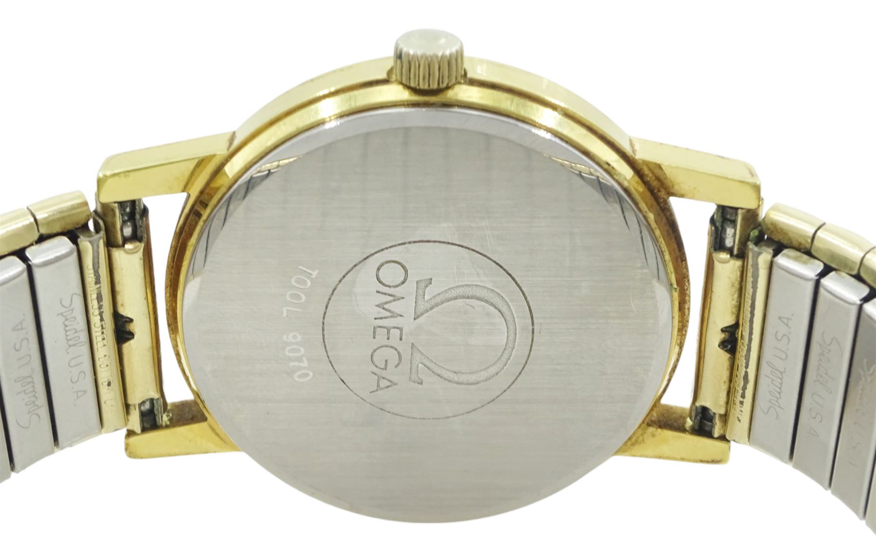 Omega gentleman's gold-plated and stainless steel manual wind wristwatch, Ref. 136.0104, Cal. 1030, silvered dial with baton hour markers and date aperture, on expanding gilt strap, boxed