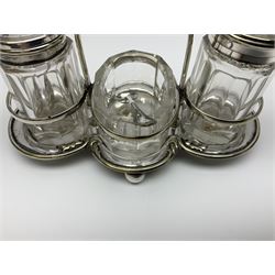 Sheffield silver-plated cruet set, comprising mustard pot, open glass salt and pepper pot on stand, together with a collection of silver plated spoons
