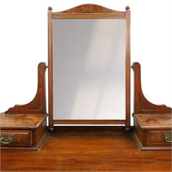 Late Victorian figured walnut and mahogany dressing table, raised swing-mirror back over trinket drawers, fitted with two drawers with brass Aesthetic Movement handles, on ring-turned supports with ceramic castors