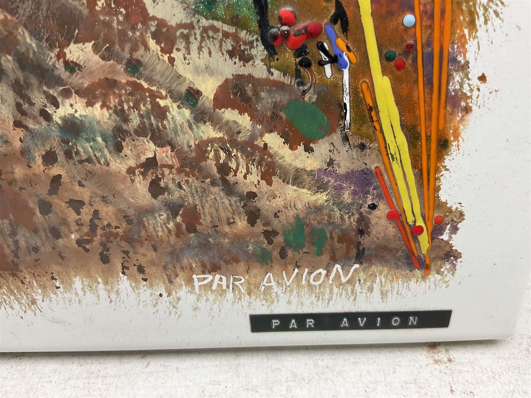 Bernard Hesling (Australian 1905-1987): 'Par Avion', vitreous enamel on metal signed titled and dated '71, 38cm x 54cm