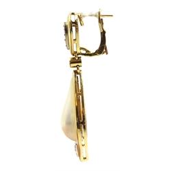  Pair of gold pear shaped pearl and diamond pendant earrings, stamped K18  