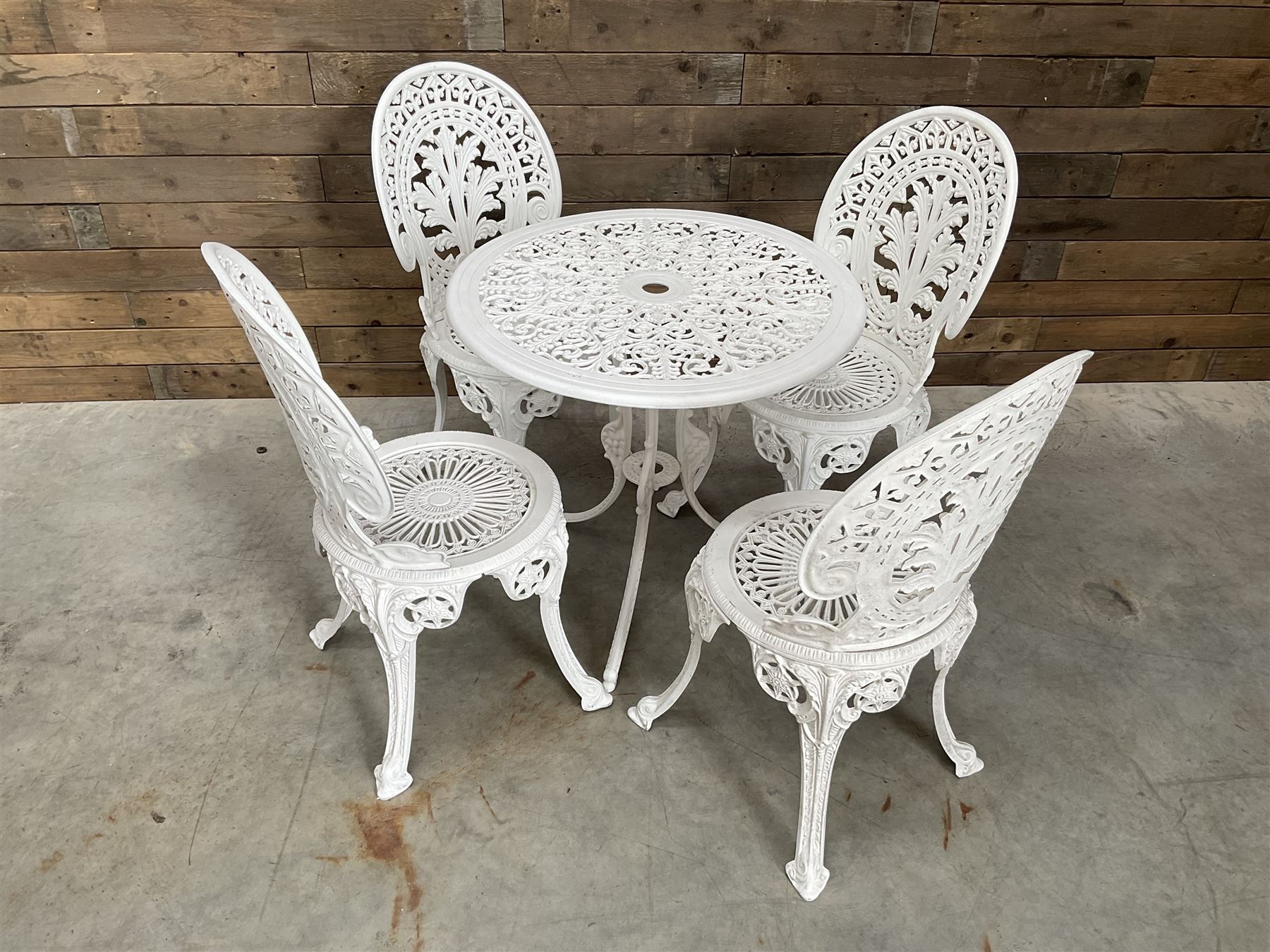 Victorian design white painted aluminium garden table and four chairs