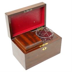 19th century mahogany tea caddy with covered interior and glass bowl, countersunk brass handle W23cm and a crossbanded mahogany sewing box (2)