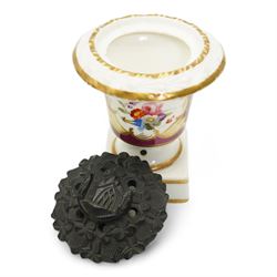 19th century porcelain campana form pot pourri vase, with associated cover, probably Derby, 18th century Worcester scale blue ground kakiemon coffee cup and saucer, c1770, Copeland and Garrett cylindrical vase with flared rim and four scroll supports, H12cm, porcelain chamber stick, modelled as a leaf with grapes flanking the ring handle and a Chinese Export egg cup 