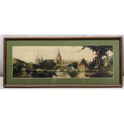 After Claude Buckle (British 1905-1973): 'Bedford', 'Litchfield Cathedral' and 'St Asaph'. set of three carriage prints 18cm x 58cm (3)