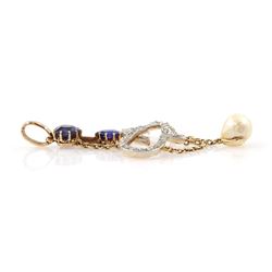 Early 20th century 15ct gold and platinum sapphire, pearl and diamond pendant, single white / cream pearl, suspending from two intertwined snakes set with rose cut diamonds, to a heart cut and an oval cut sapphire top