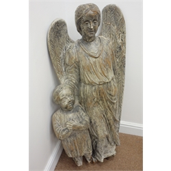  Large 19th century Continental wall mounted carving of an Angel and Child, traces of polychrome painted on gesso, H110cm x W56cm   