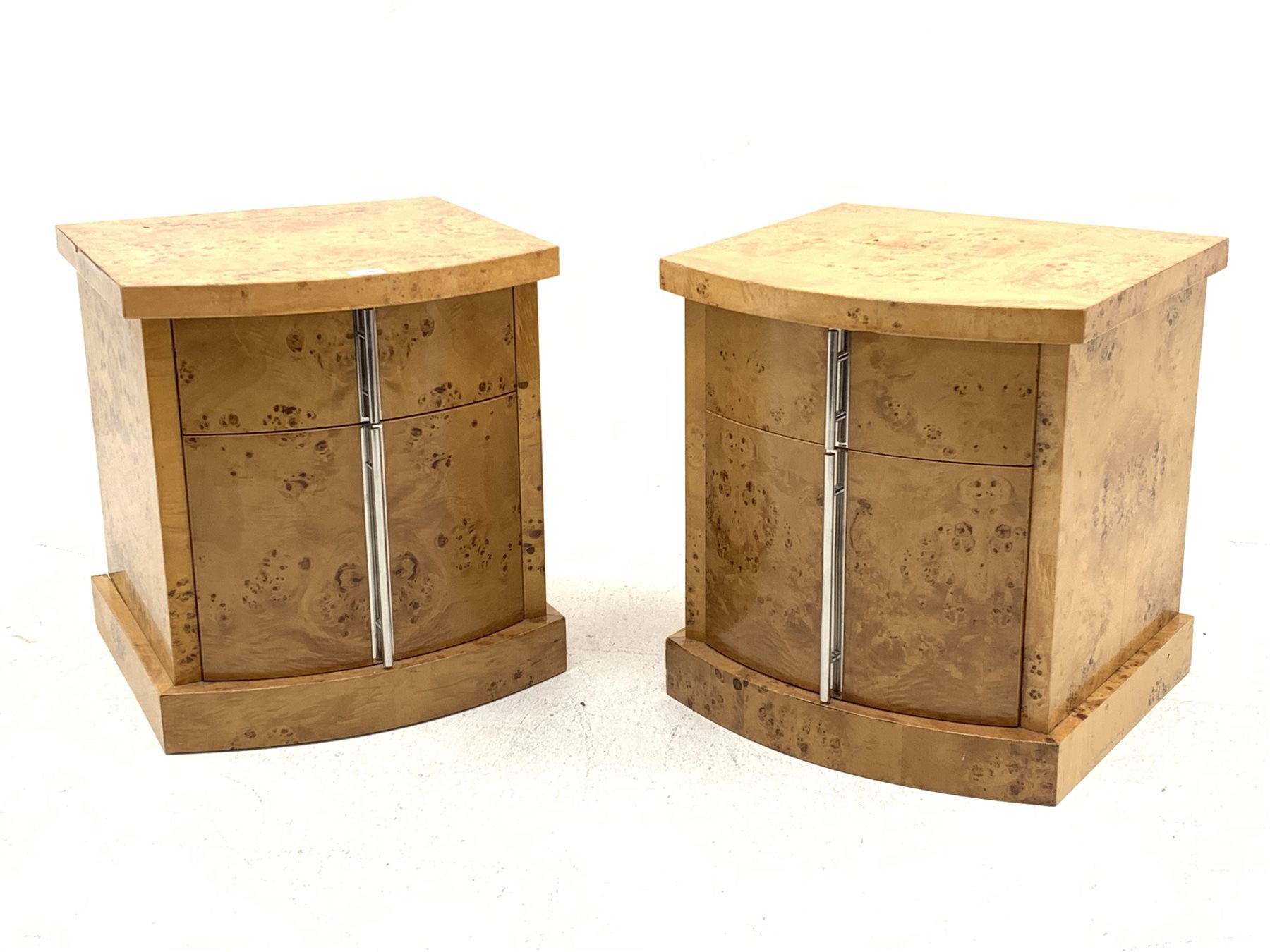 Pair Art Deco style figured maple bow front bedside cabinets, two drawers fitted with polished metal handles, W50cm, H54cm, D49cm