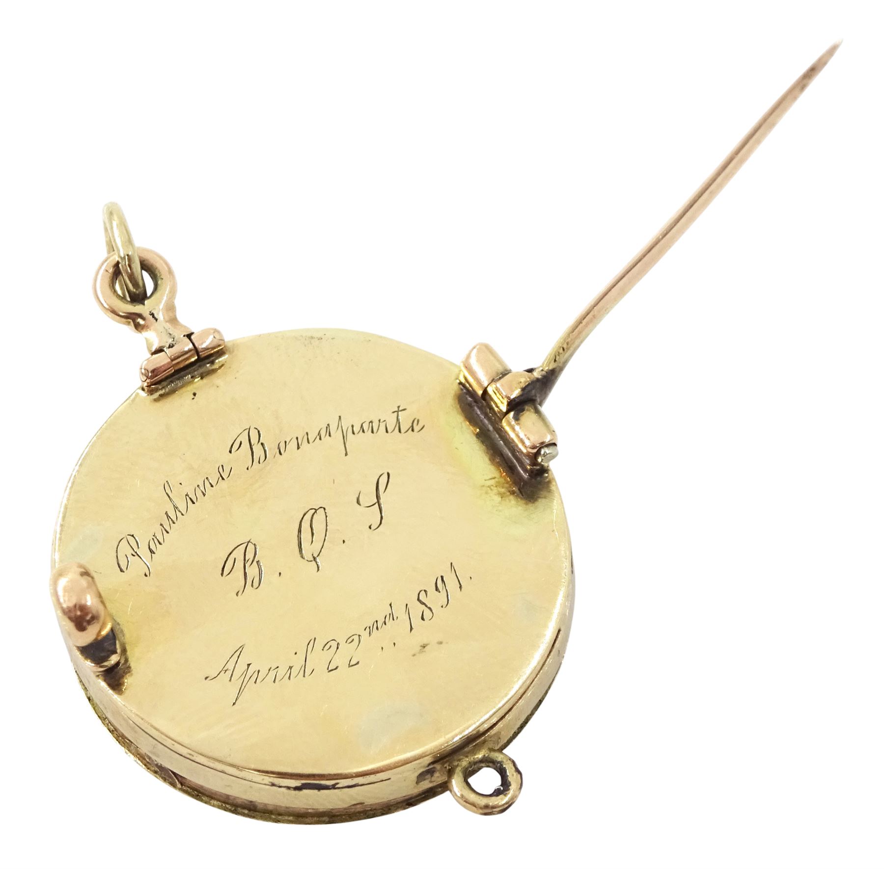 Victorian gold portrait brooch/pendant, set with a circular miniature of Pauline Bonaparte on ivory, under a glazed panel, within a gold mount, the reverse inscribed 'Pauline Bonaparte, B.Q.J, April 22nd 1891'. This lot has been registered for sale under Section 10 of the APHA Ivory Act