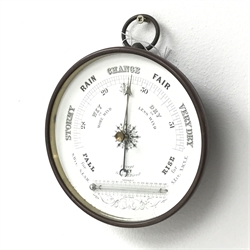  Brass cased circular aneroid barometer with thermometer, D17cm  
