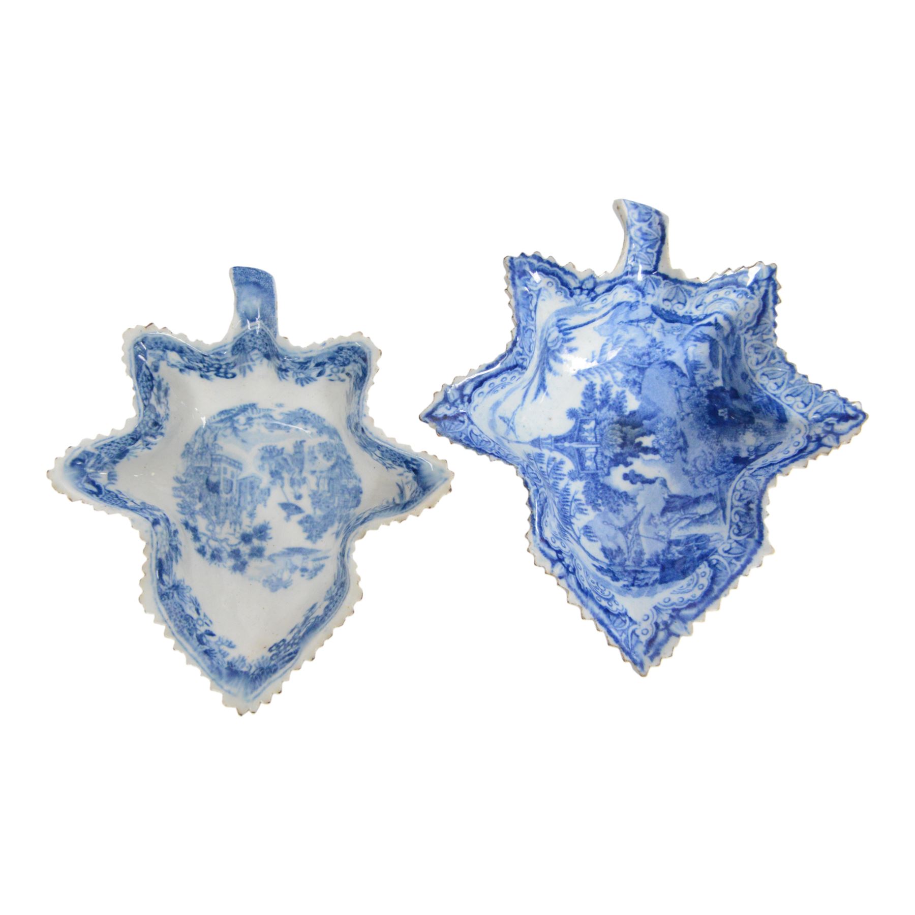 Two early 19th century leaf shape pickle dish, each blue and white transfer printed, the first example decorated in the Queen of Sheba or Chinese Procession pattern, L14cm, the second decorated in a similar pattern with figures under a parasol before a pagoda, L15cm