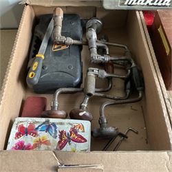 Selection of tools including drill bit sharpener, brace drills, Record No. 044 plough plane, pair of record No. 12 clamps, Makita drill, etc.  - THIS LOT IS TO BE COLLECTED BY APPOINTMENT FROM DUGGLEBY STORAGE, GREAT HILL, EASTFIELD, SCARBOROUGH, YO11 3TX