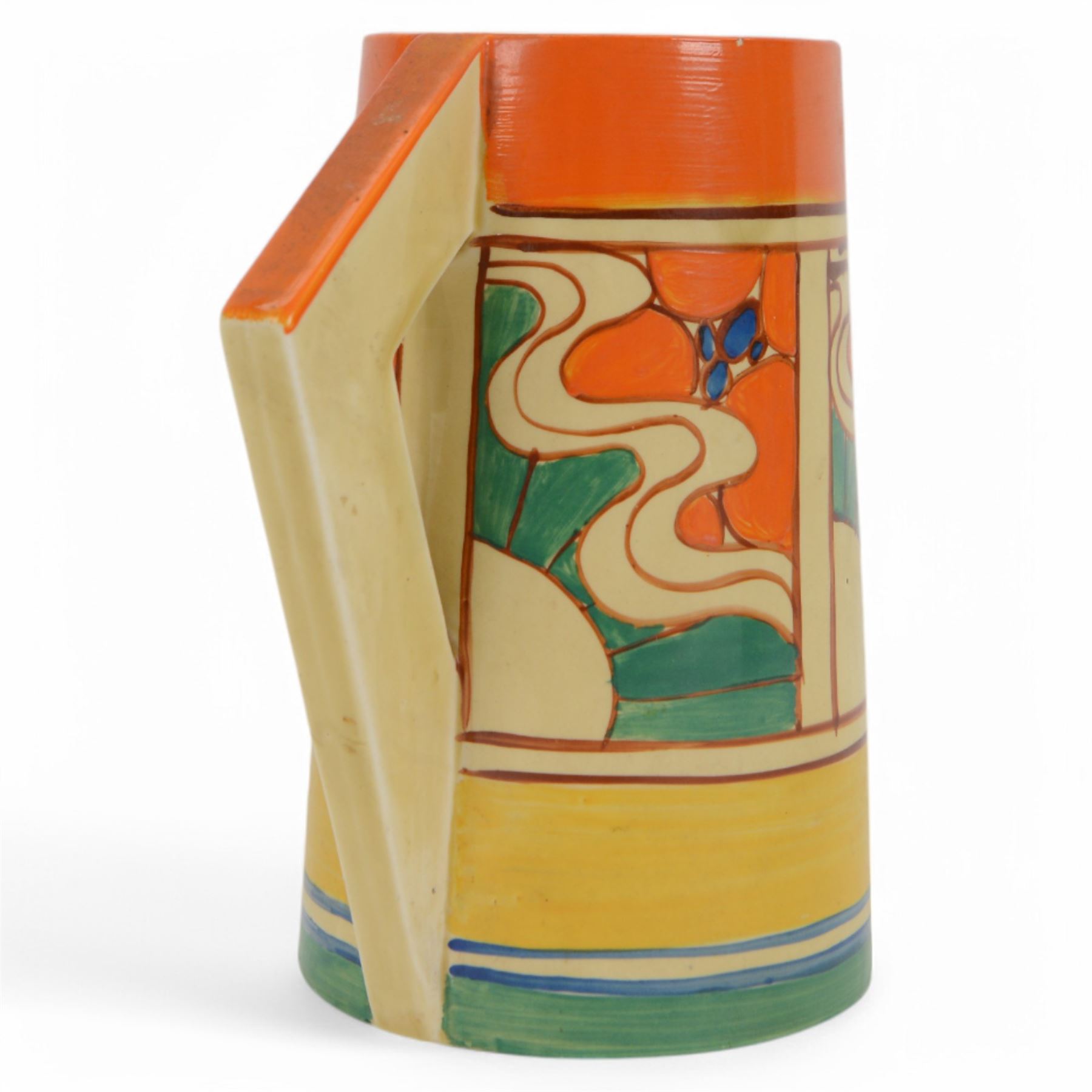 Clarice Cliff, Orange Sunrise pattern, jug circa 1930, of Odilon form, with printed Fantasque mark beneath, H18cm