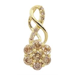 9ct gold champagne diamond flower cluster pendant, hallmarked 