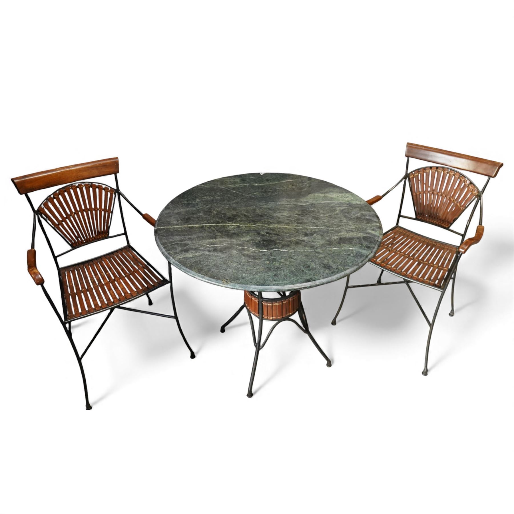 Contemporary circular green marble bistro table, raised on a black metal tubular base with decorative slatted collar, with two coordinating metal and wood slatted chairs