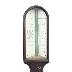 Victorian mahogany mercury stick barometer, the arched glazed register with weather indications and adjustable vernier, above a glazed thermometer and circular cistern cover, H 95cm