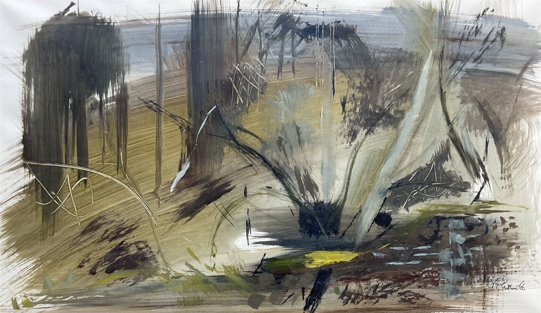 Timothy Gibbs (British 1923-2012): 'Hillside' - Abstract Landscape, mixed media on paper signed and dated '66, titled on exhibition label verso 43cm x 73cm 
Provenance: exh. Leicester Galleries, Cork Street, London September 1969, No.14, label verso