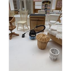 Modern 1:12 scale dolls house furniture, comprising pine kitchen set, with wall cabinets, floor cabinets and sink unit, white wooden bathroom suite, white wooden kitchen and dining room furniture and appliances, wooden bedroom furniture, Raine purple wingback chair, tv, desk, fish tank, etc