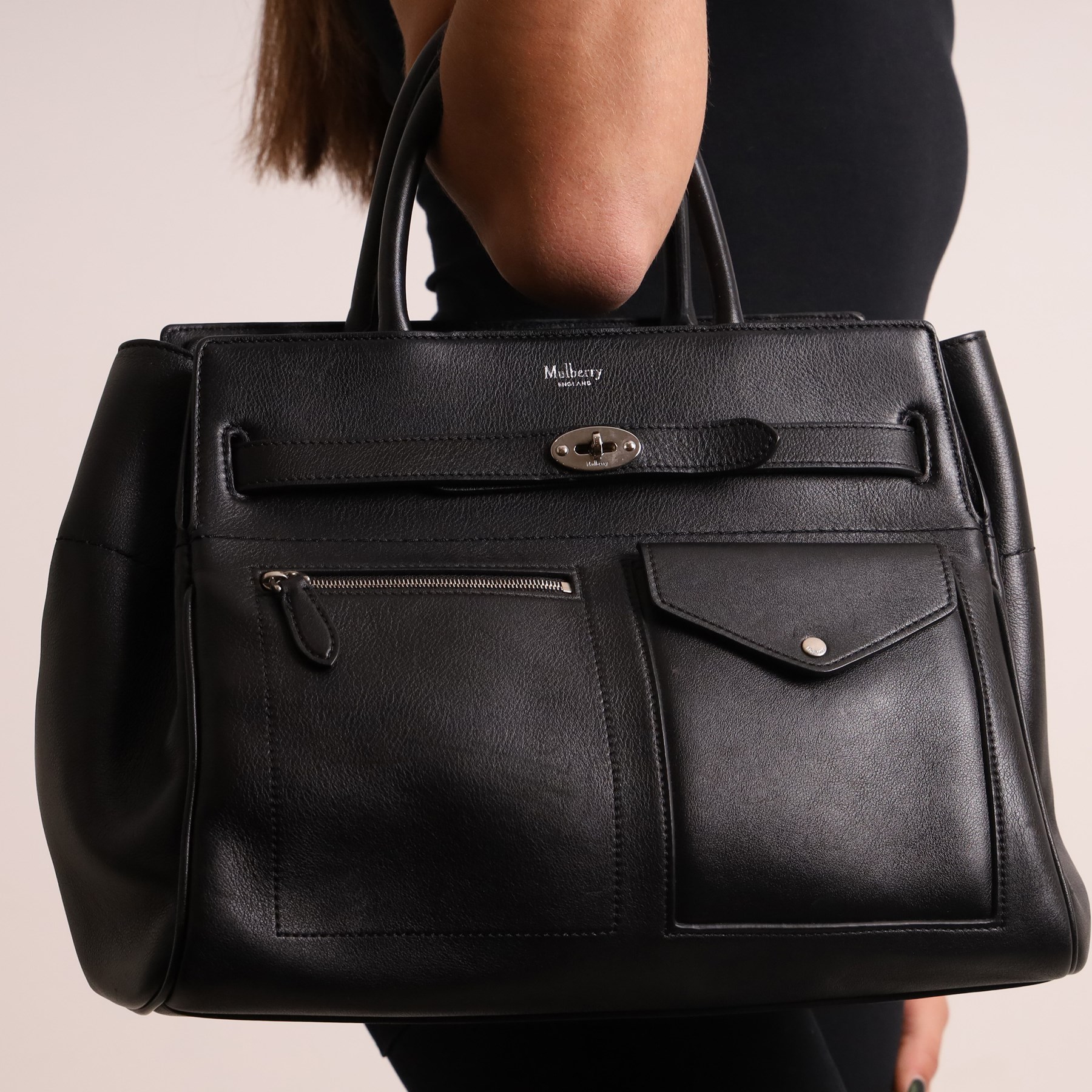 Mulberry - Belted Bayswater with Strap handbag in black Silky Calf leather, with twin rolled top handles, silver-tone hardware, belted side fastening, front zip pocket and envelope-form slip pocket, with original Mulberry product tag and dust bag