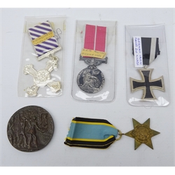  Lusitania propaganda medallion, unboxed and four replica medals - WW1 German Iron Cross 2nd Class, WW2 Air Crew Europe Stat. WW1 Distinguished flying Cross and British Empire Medal Military Divison (5)  