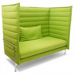 Ronan and Erwan Bouroullec (1971- ; 1976-) - Vitra ‘Alcove’ sofa, with high winged sides and back upholstered in green ‘Credo’ fabric with horizontal channel detailing, fitted seat cushion and scatter cushion, on chrome tubular frame supports