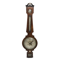 Early 19th century rosewood four dial banjo barometer, dry/damp dial, mercury thermometer with register, circular silvered dial engraved with globe and scrolls, brass level plate inscribed 'Scarborough, G. Vassalla', H113cm
